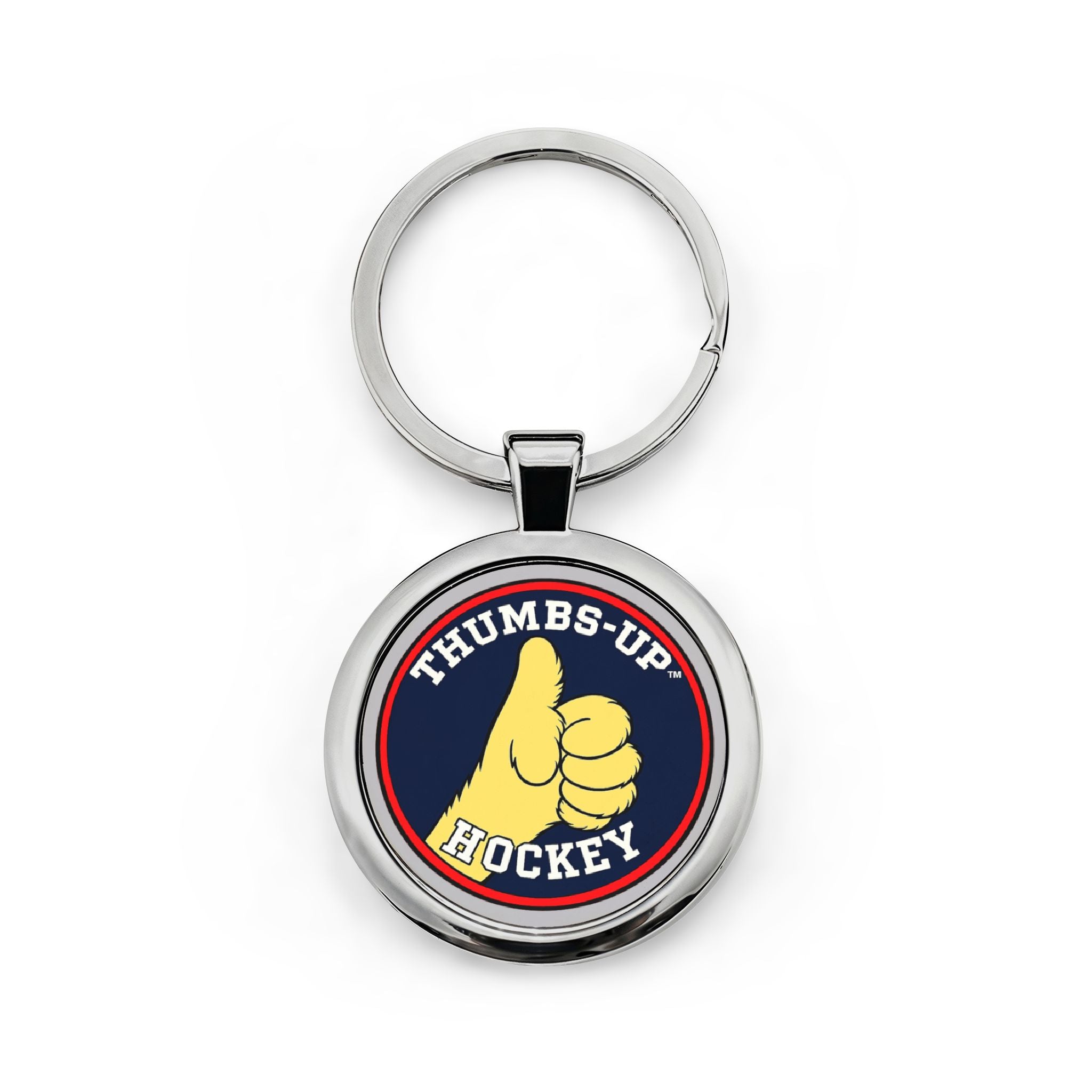 Hockey Thumbs-Up Round Stainless Steel Keychain — Sports Fan Gift